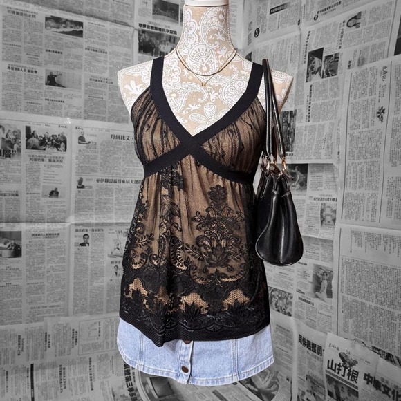 Max Studio Sheer Lace Tank Small Black Nude Mesh Overlay Y2K Coquette Top - Picture 1 of 6